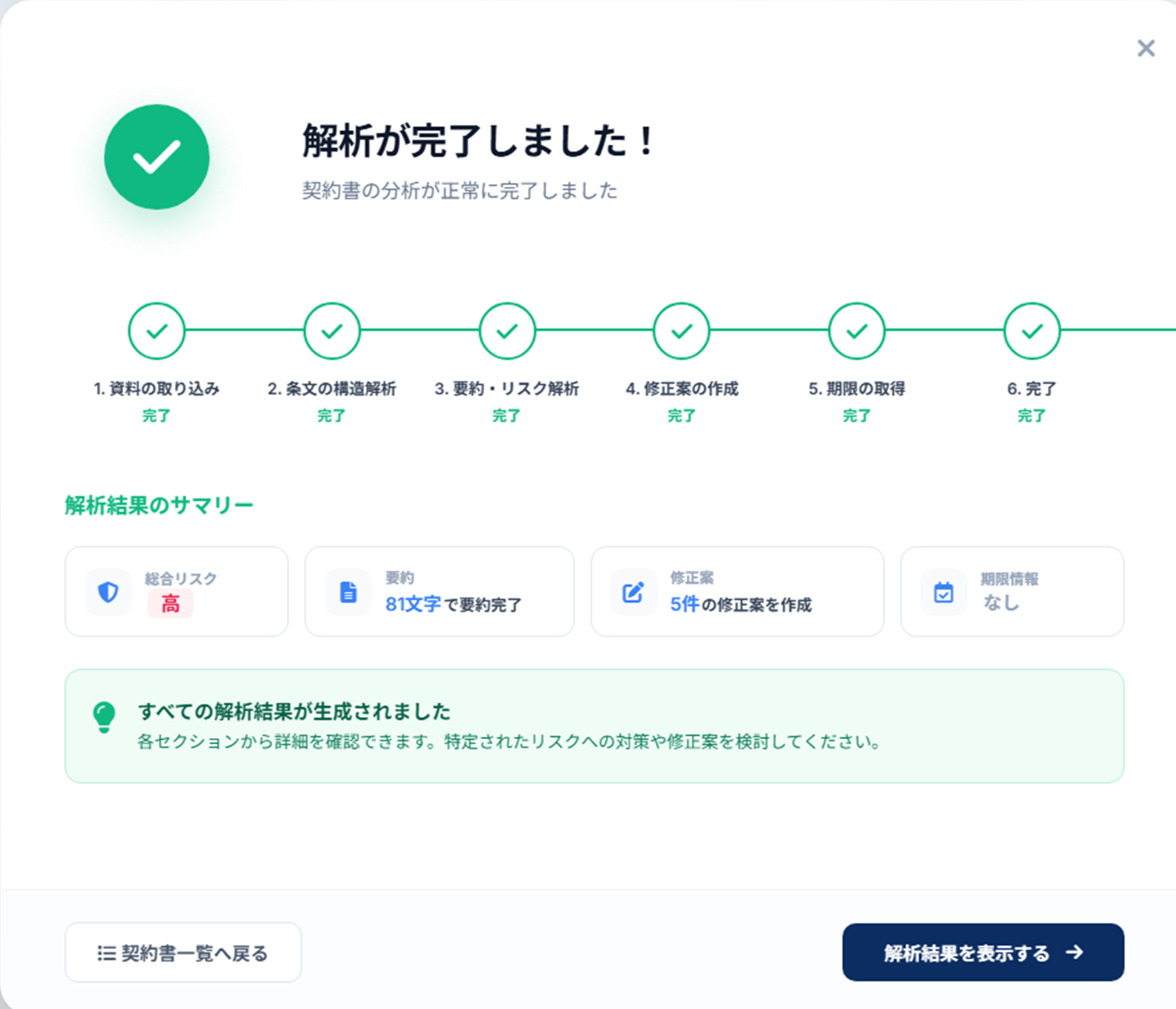 解析完了後に要約・リスク・修正案・期限情報が生成された画面