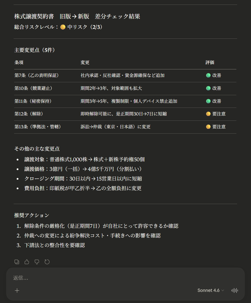 MCPで契約書差分を比較している画面